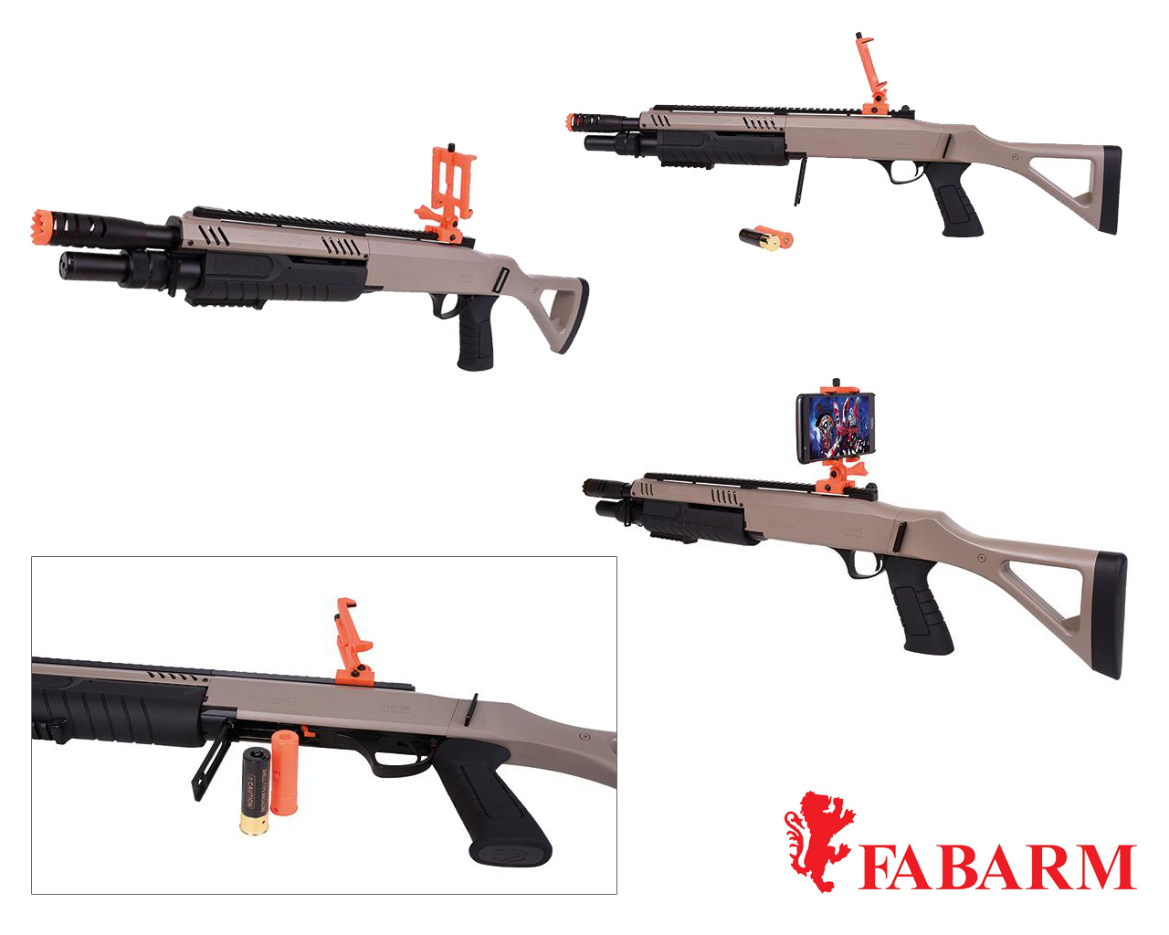 Augmented Reality Federdruck Softair Gewehr Pumpgun FABARM STF12 AR Lauf 11 Zoll tan Kaliber 6 mm BB 3x10 Schuss (P18)