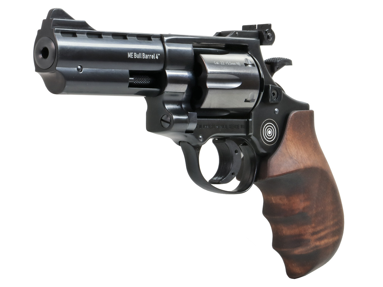 LEP Druckluft Revolver ME Bull Barrel Target 4 Zoll Combat Holzgriff brüniert Kaliber 5,5 mm (P18) <b>+ Handpumpe LEP Patronen Diabolos</b>