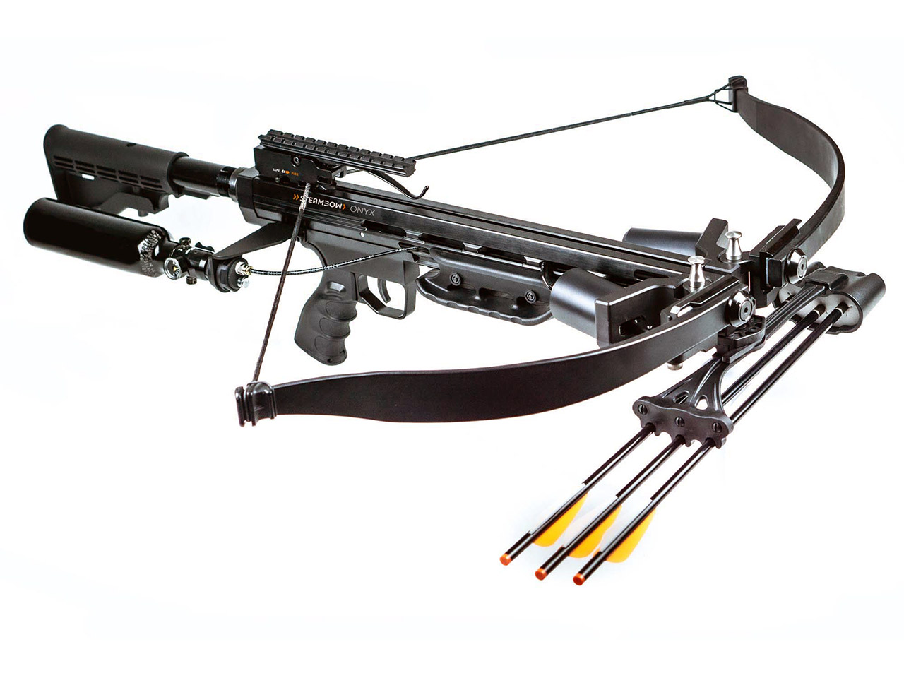Recurve Armbrust Steambow Onyx, selbstspannend durch Pressluft, klappbar, AR-15 Look, inkl. Pressluftflasche und Zubehör, 225 lbs (P18)