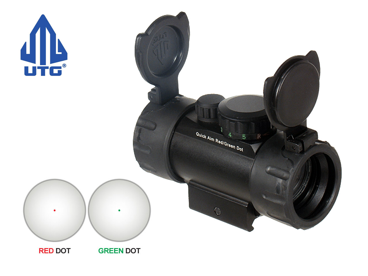 UTG Leuchtpunktvisier Red/Green Dot 3,8 Zoll, rot und grün beleuchtbar, 38 mm Tubus, Weaver-Schnellspannmontage