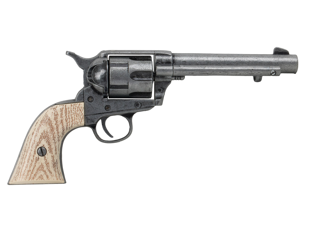 Deko Revolver Kolser Colt SAA .45 Peacemaker USA 1873 5,5 Zoll antik grau weiße Griffschalen