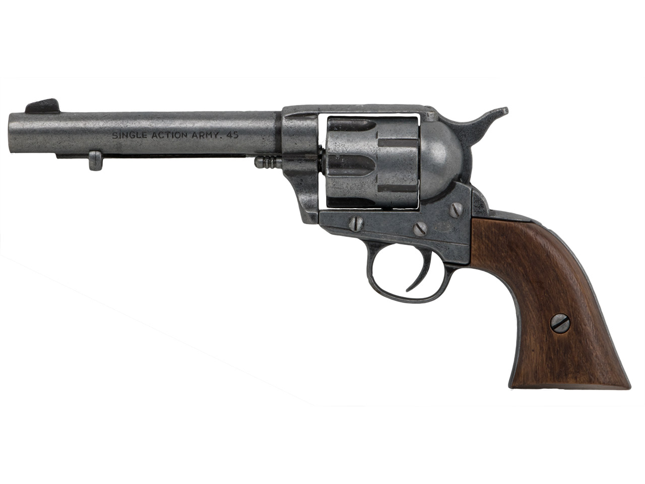 Deko Revolver Kolser Colt SAA .45 Peacemaker USA 1873, 5,5 Zoll, antik grau, Griffschalen in Holzoptik