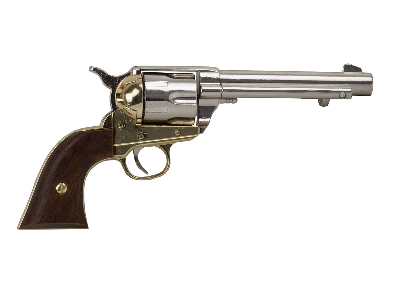 <b>Set 4</b> Western Revolvergurt rechts 90 cm 1 Holster hellbraun und Deko Revolver Kolser Colt SAA .45 Peacemaker 5,5 Zoll nickel gold