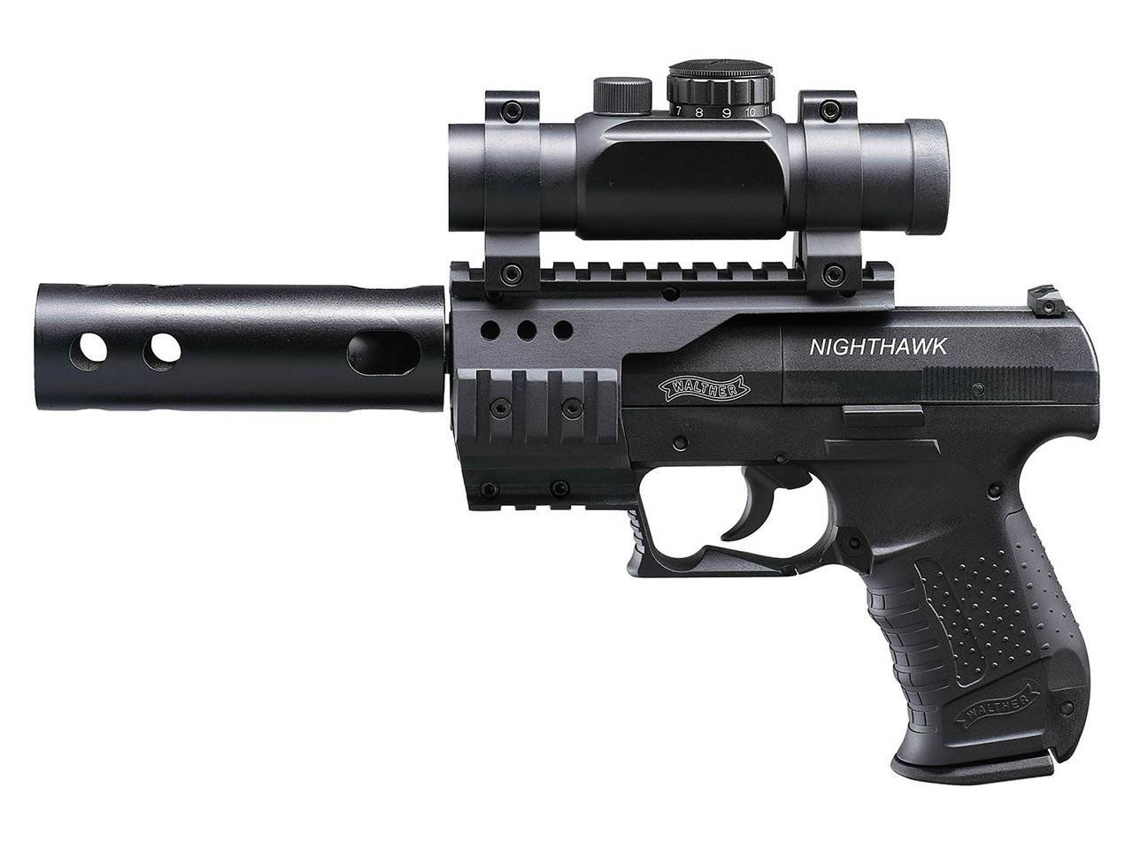 CO2 Pistole Walther Night Hawk schwarz Kaliber 4,5 mm Diabolo (P18)<b>+ schwarzer SWS Schalldämpfer Adapter</b>