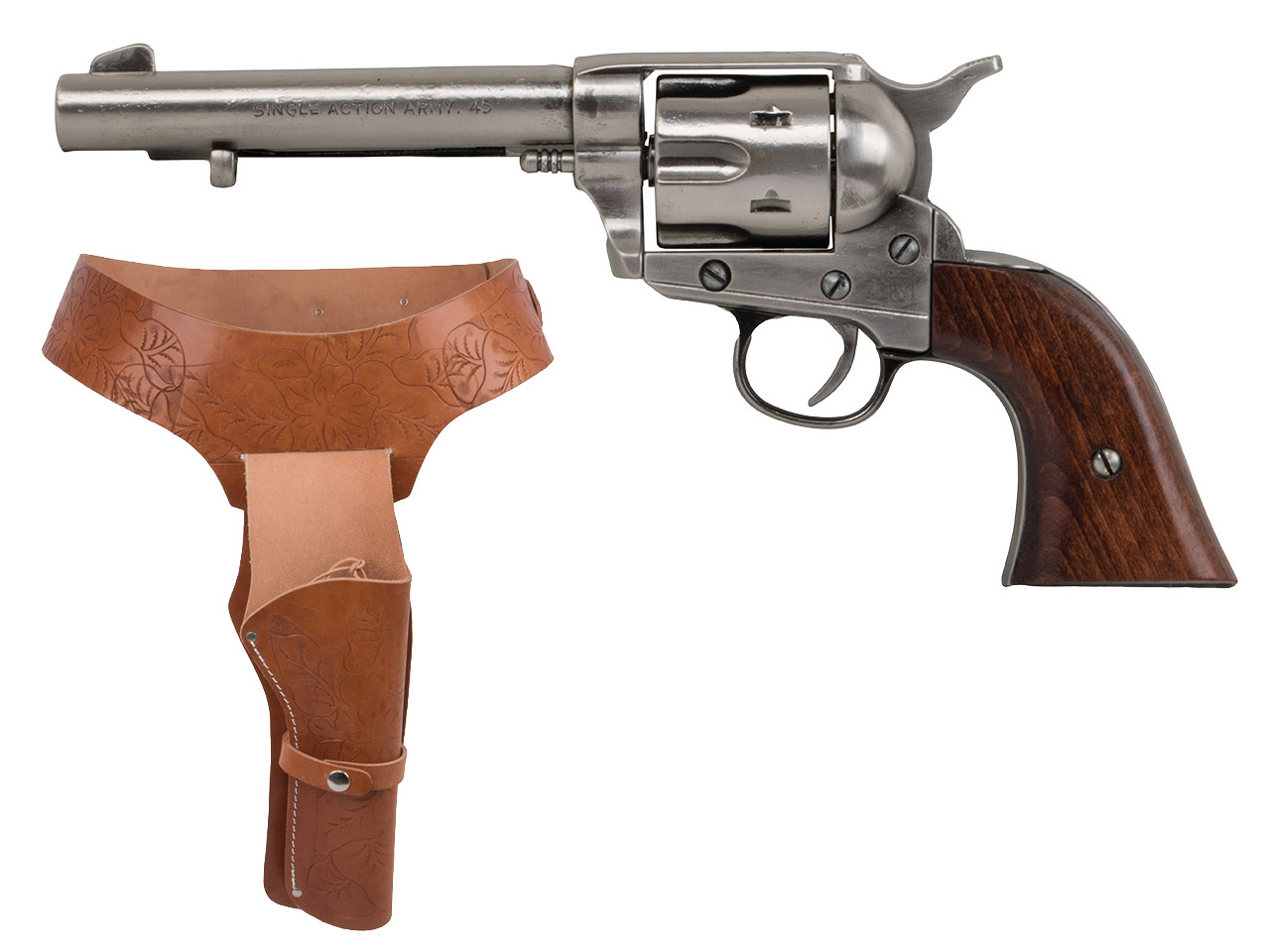 <b>Set 8</b> Western Revolvergurt rechts 100 cm 1 Holster hellbraun und Deko Revolver Kolser Colt SAA .45 Peacemaker 5,5 Zoll nickel
