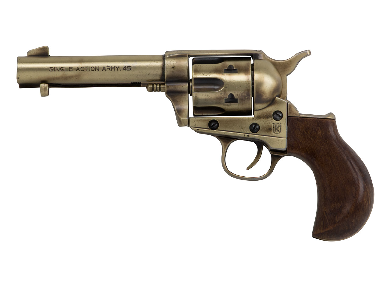 Deko Revolver Kolser Colt Thunderer Single Action Army .45 Peacemaker USA messing poliert Holzoptikgriffschalen
