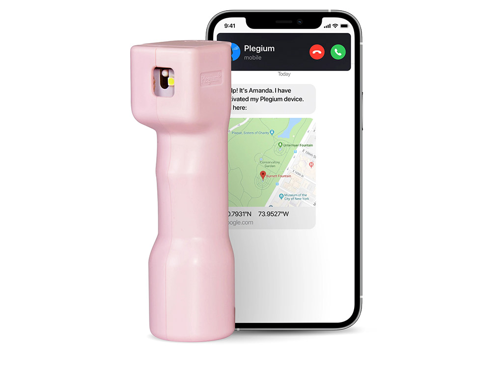 Pfefferspray Plegium Smart Pepper Spray, pink, mit LED-Blitzlicht, Sirene und automatischer Benachrichtigung mit GPS Standort an Notfallkontakte