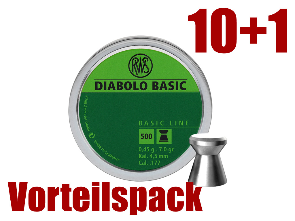 Vorteilspack 10+1 Flachkopf Diabolos RWS Basic Kaliber 4,5 mm 0,45 g glatt 11 x 500 Stück