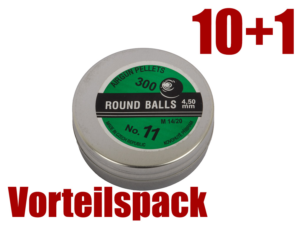 Vorteilspack 10+1 Rundkugeln BBs Round Balls No. 11 Kaliber 4,5 mm 0,54 g 11 x 300 Stück