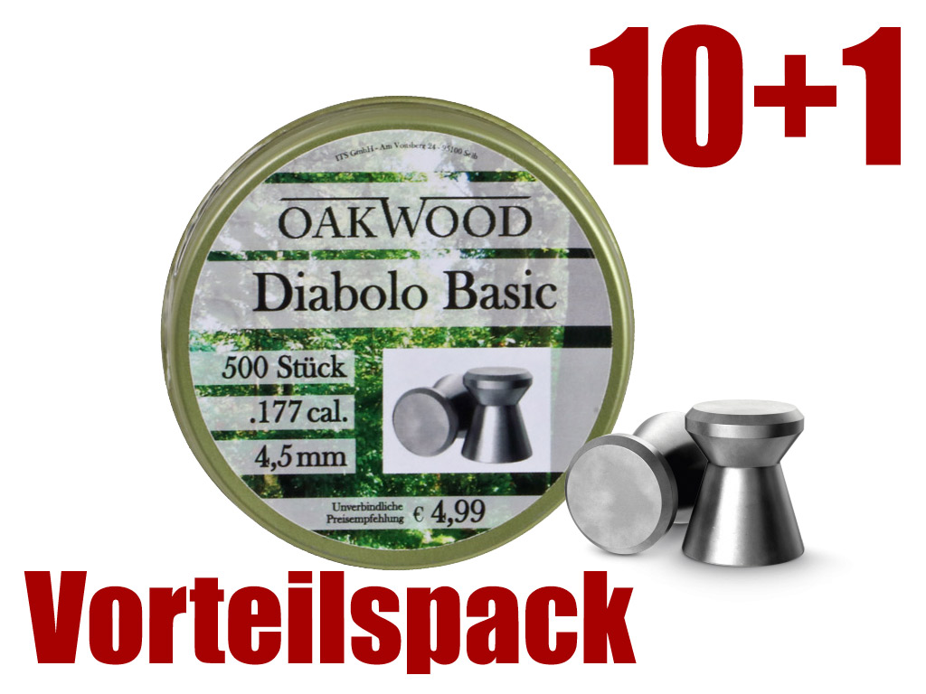 Vorteilspack 10+1 Flachkopf Diabolos Oakwood Basic Kaliber 4,5 mm 0,48 g glatt 11 x 500 Stück