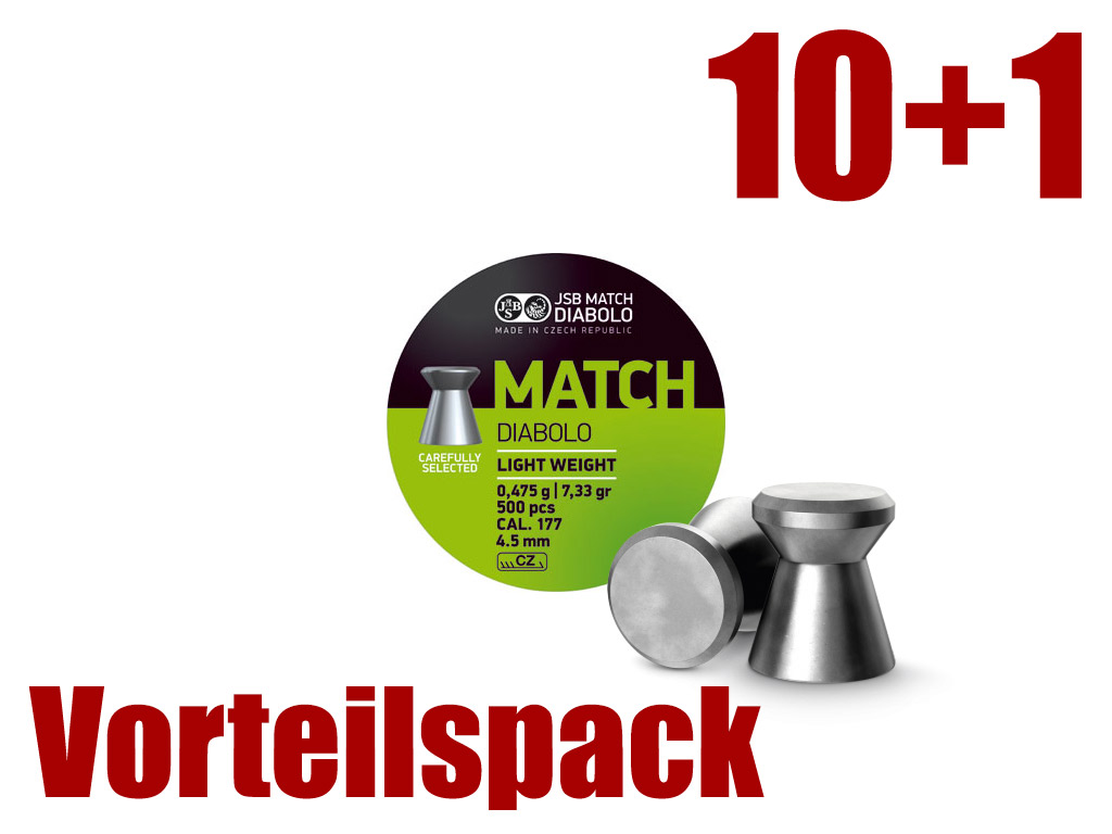 Vorsteilspack 10+1 Flachkopf Diabolos JSB Match Light Kaliber 4,49 mm 0,475 g glatt 11 x 500 Stück