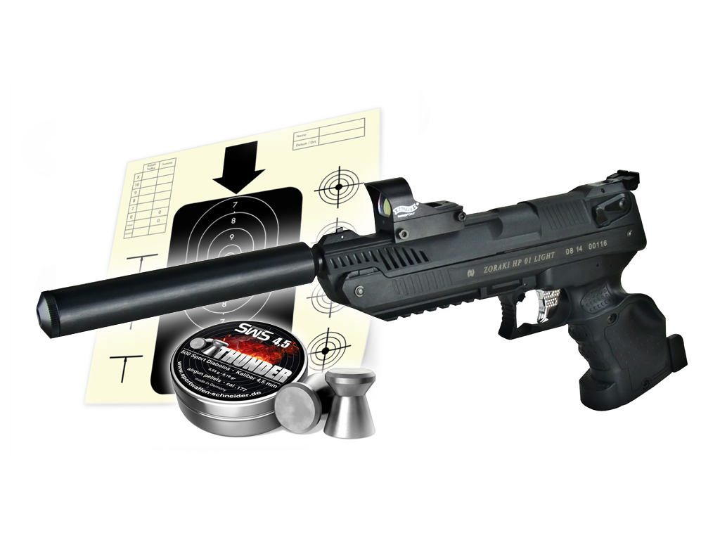 Vorkompressions Luftpistole Zoraki HP-01 für Rechtshänder Kaliber 4,5 mm (P18) <b>+ Red Dot Schalldämpfer Diabolos Zielscheiben</b>